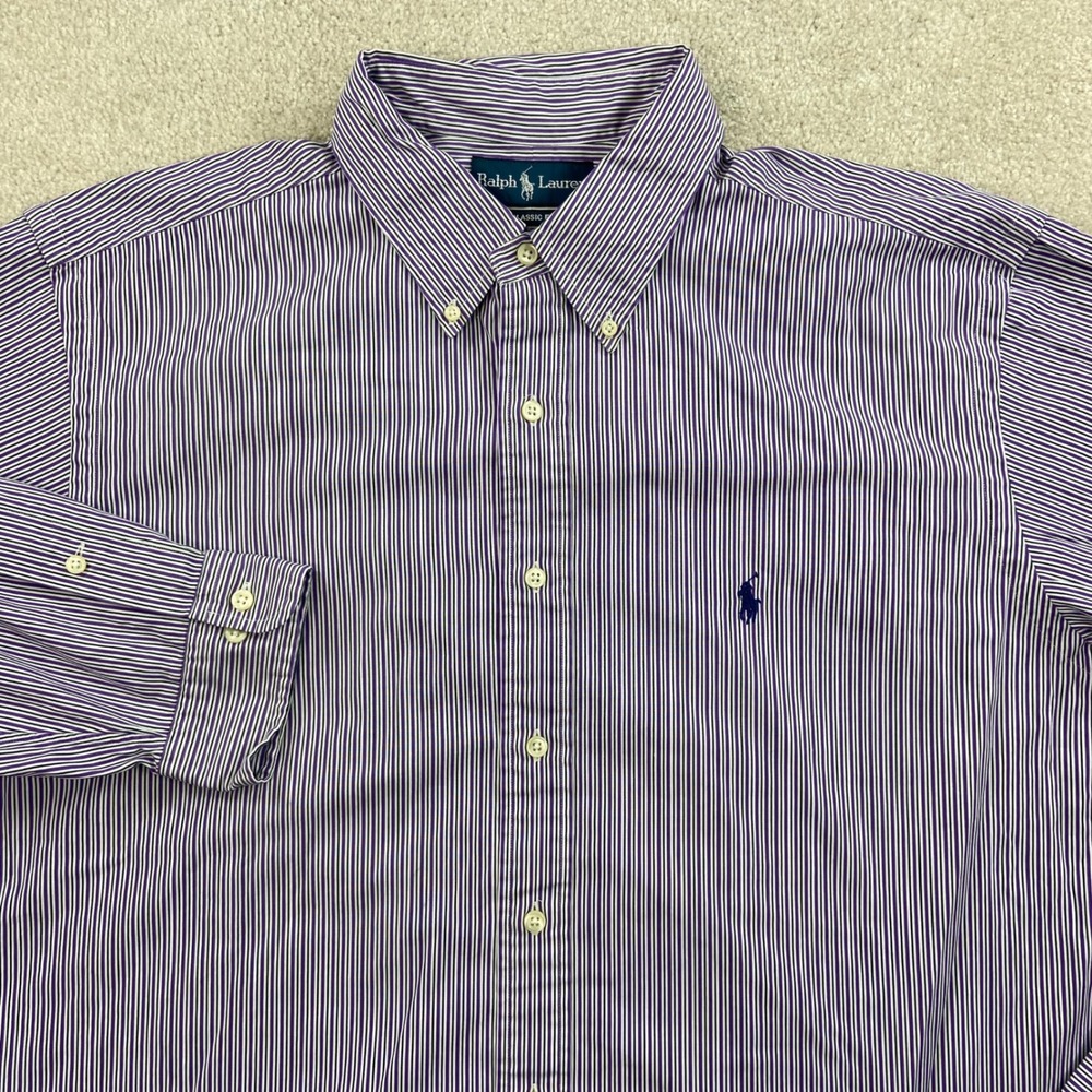 Ralph Lauren Button Down Shirt Mens 17.5 36/37 Purple White Striped Classic Fit